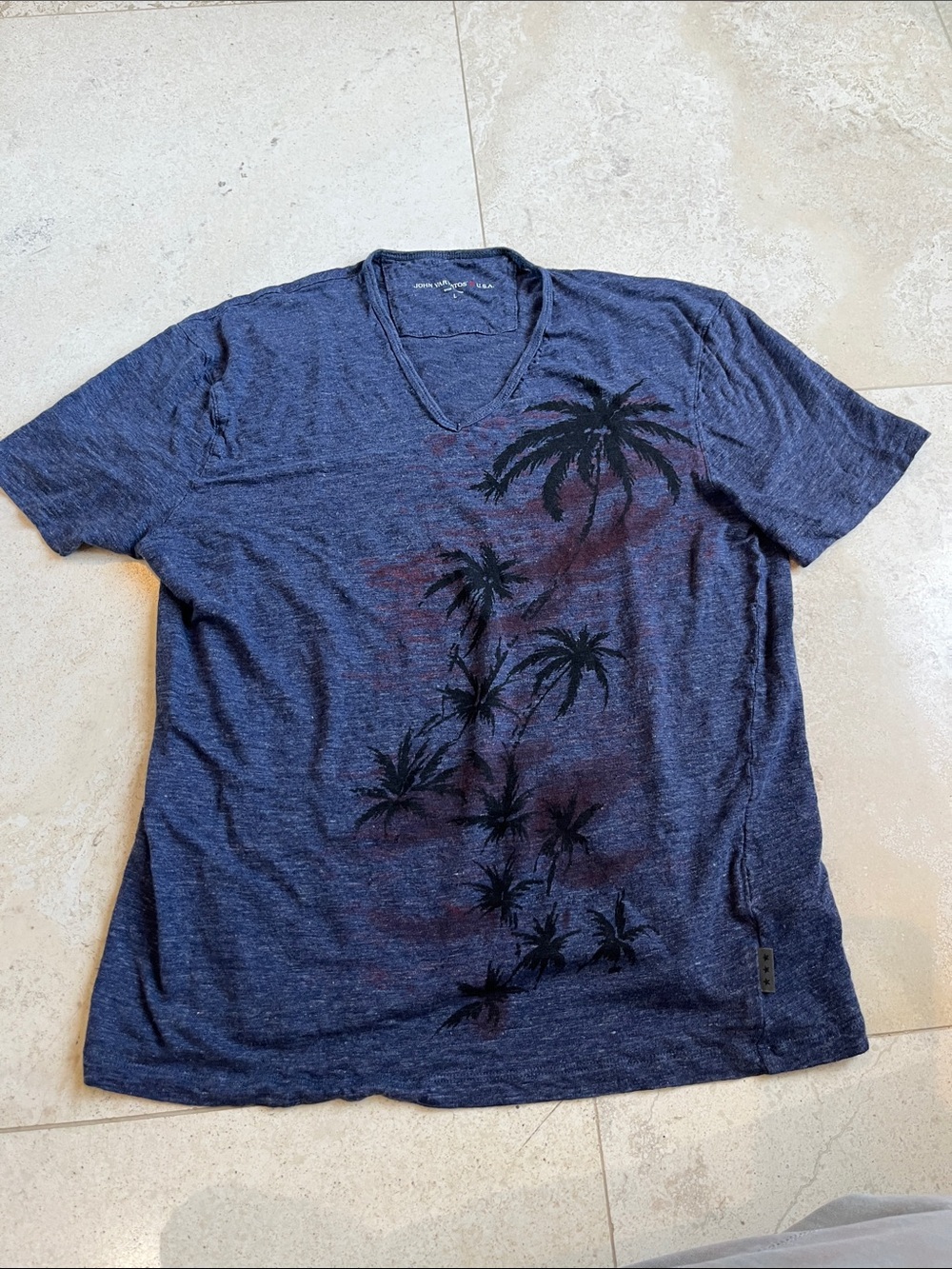 John Varvatos Blue Linen V-Neck Tee with Palm Graphic Sz Large